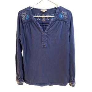 Style&Co Womens Blue Blouse‎ Floral Button Long Sleeve V-Neck Size Medium